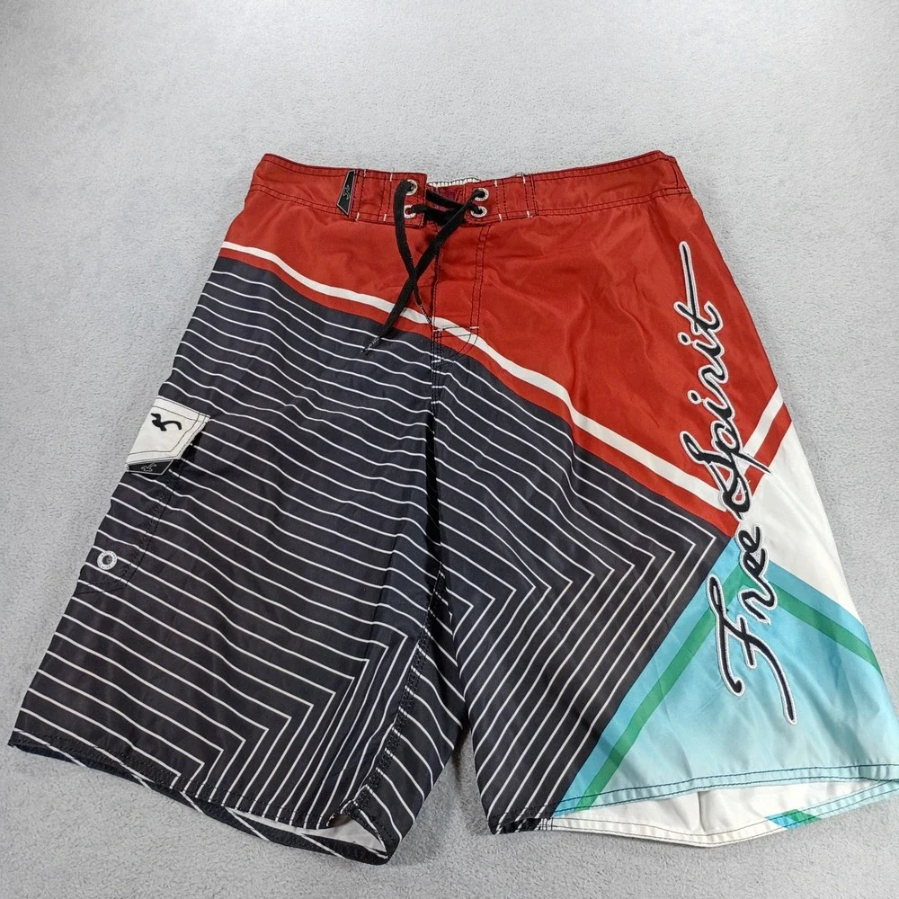 Hollister Mens Board Shorts Red Black Geometric Free Spirit Large Surf Trunks